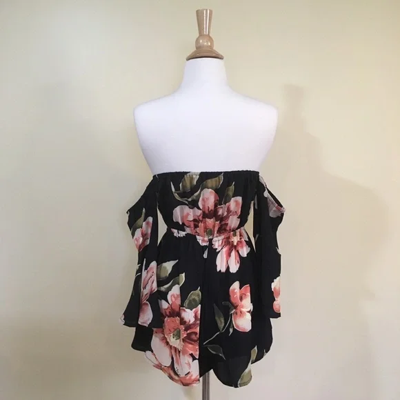 Off Shoulder Bell Sleeve Black Floral Romper - Picture 6 of 7